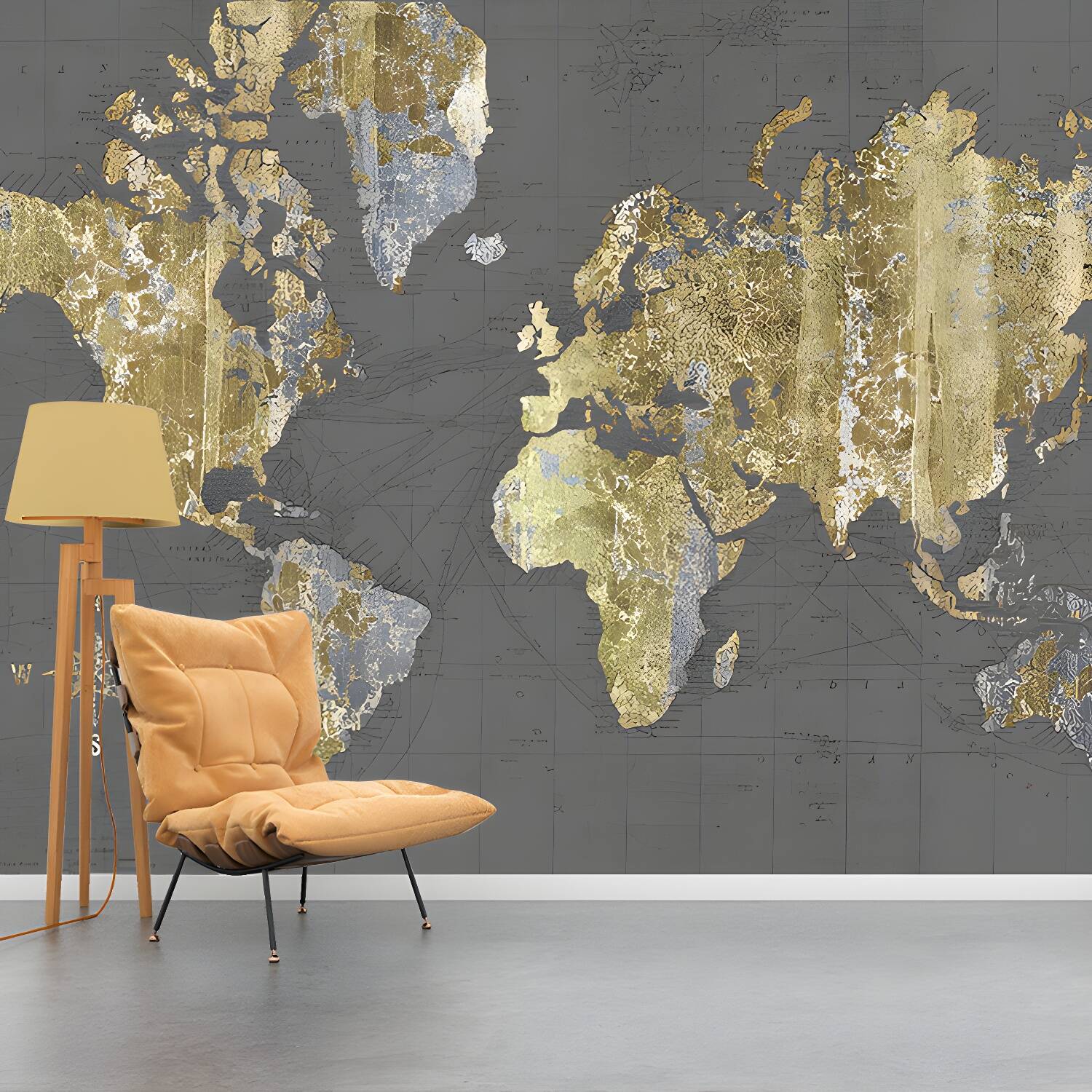 Gold World Map Mural Water-Resistant Wall Decor for Accent Wall