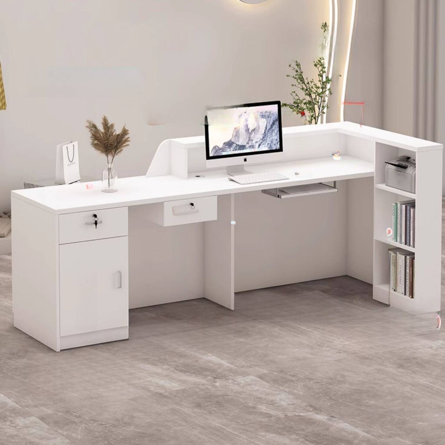 Rectangle Reception Desk with 1 Cabinet, Hutch, Keyboard Tray, Filing Cabinet, Manufactured Wood Top, and 1 Drawer Pedestal