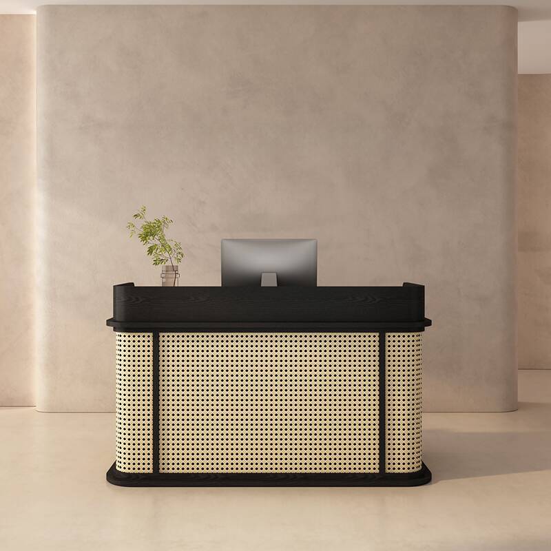 Rectangular Reception Desk, Manufactured Wood Top, Cupboard, Keyboard Tray, Cable Management, Unfinished Colour/Brown
