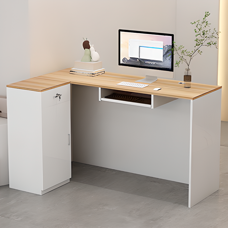 L-Shape Reception Desk with Closet, Safe Cabinet, Cable Management, Desk Return, and Manufactured Wood Top