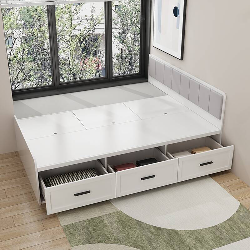 Tool-Free Assembly Solid Colour Panel Bed with Compartment & 3 Storage Boxes, Cotton Padded, Neutral Wood Tone