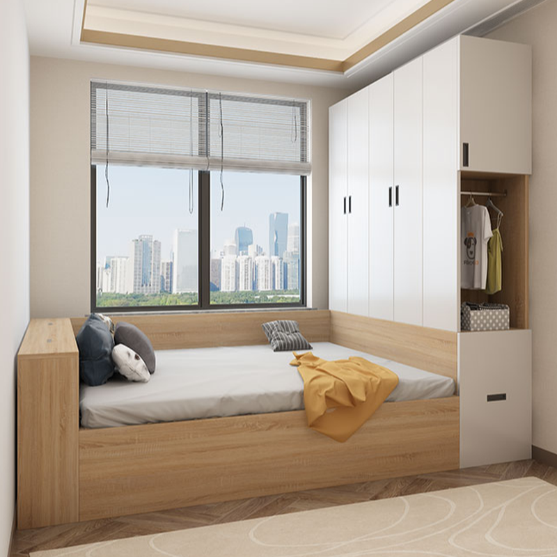 Solid Colour Tatami Bed with Natural Wood Finish, Engineered Wood Frame, Storage Shelf, Panel Headboard, Guard Rail, and Easy Assembly