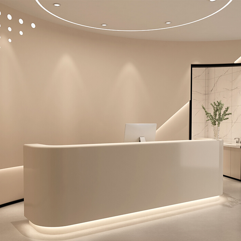 Cream Rectangular Reception Desk with Locker, Hutch, Keyboard Tray, and Filing Cabinet Featuring Manufactured Wood Top