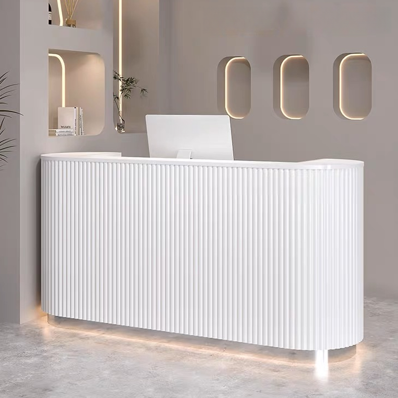 Oblong Reception Desk with Locker, Hutch, Keyboard Tray, and Filing Cabinet in Manufactured Wood Top