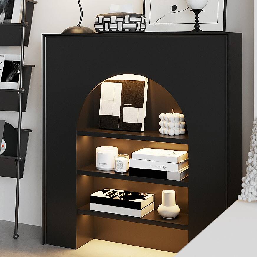 Minimalist Engineered Wood Ground Kitchen Cupboards with 4 Shelves, Visible Storage, and Lighting System