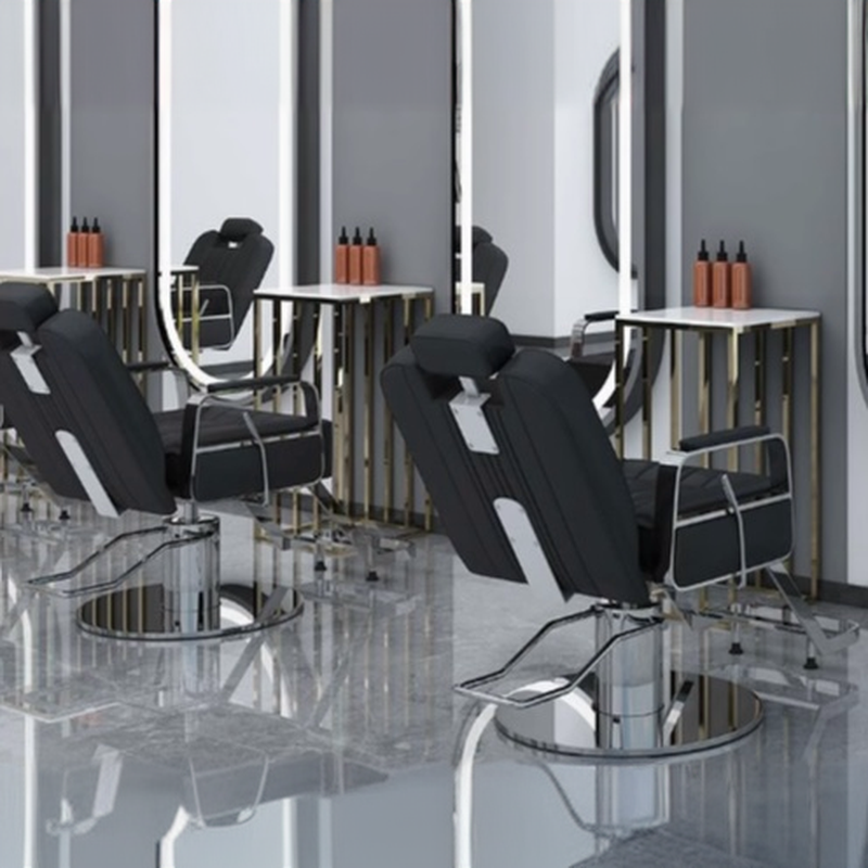 Striped Hydrophobic Barber Chair, Metal Frame, Upholstered Leather, Solid Back Panel, Manual Recline