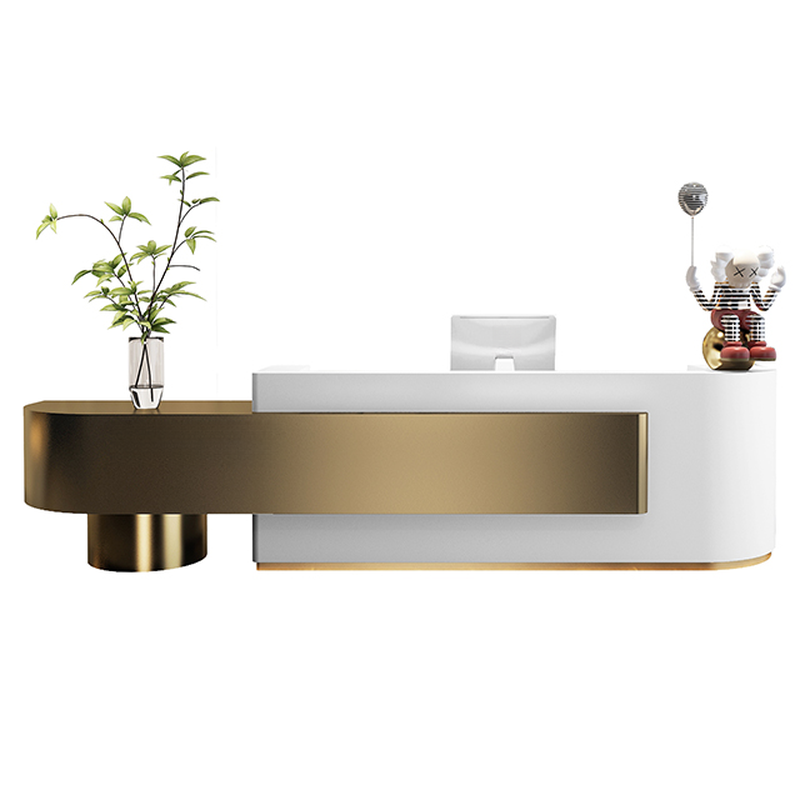 Silver/Rose Gold/Vermilion Rectangular Manufactured Wood Top Reception Desk with Keyboard Tray, Cable Management and Filing Cabinet, Cabinet Included