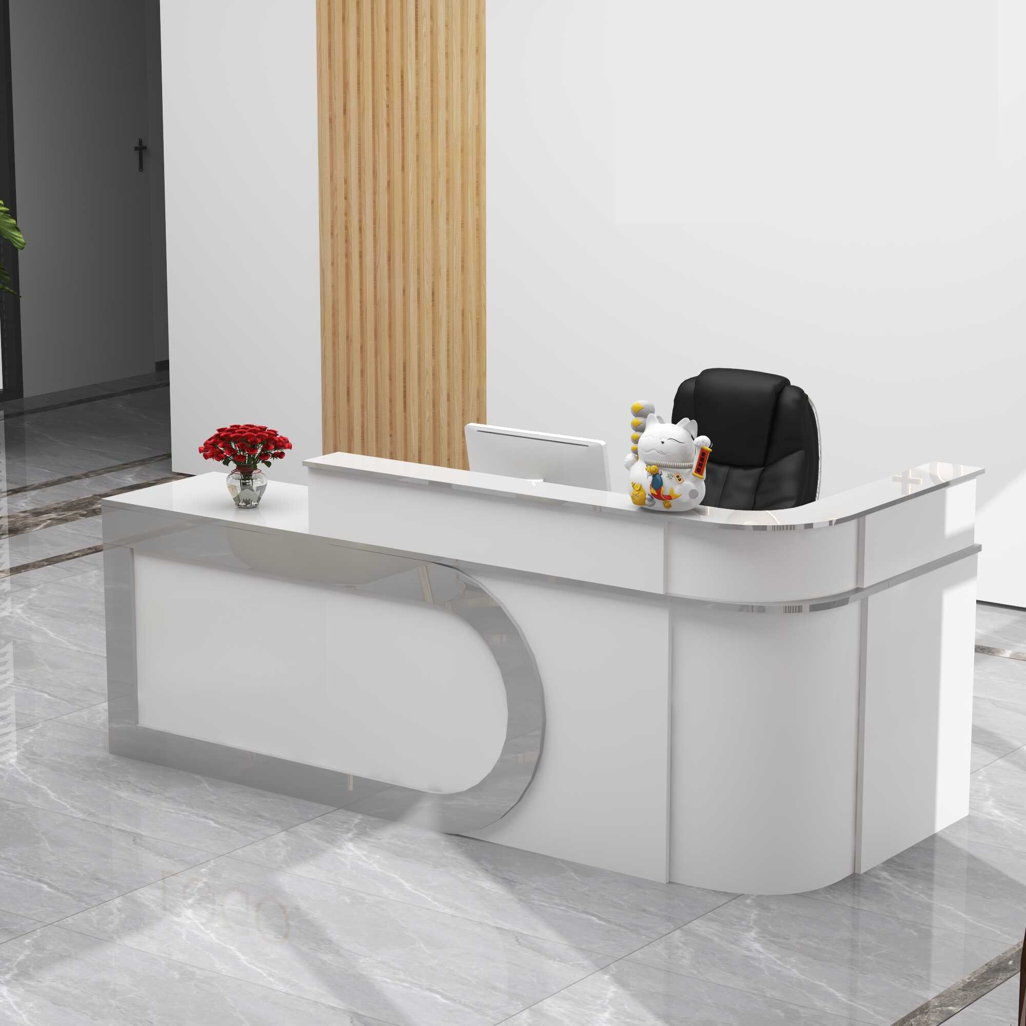 L-Shape Brown/Blue/Natural Finish Manufactured Wood Top Reception Desk with Cupboard, Hutch, Desk Return & Keyboard Tray