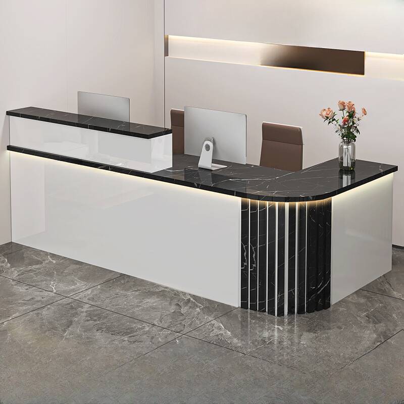 L-Shape Manufactured Wood Top Reception Desk with Hutch, Keyboard Tray, Cabinet, Desk Return & Cable Management