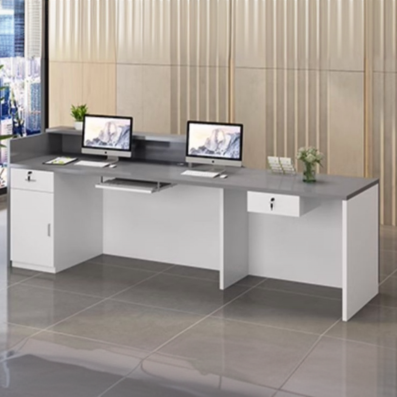 Rectangular Reception Desk with Closet, Hutch, Keyboard Tray, and Cable Management in Manufactured Wood Top