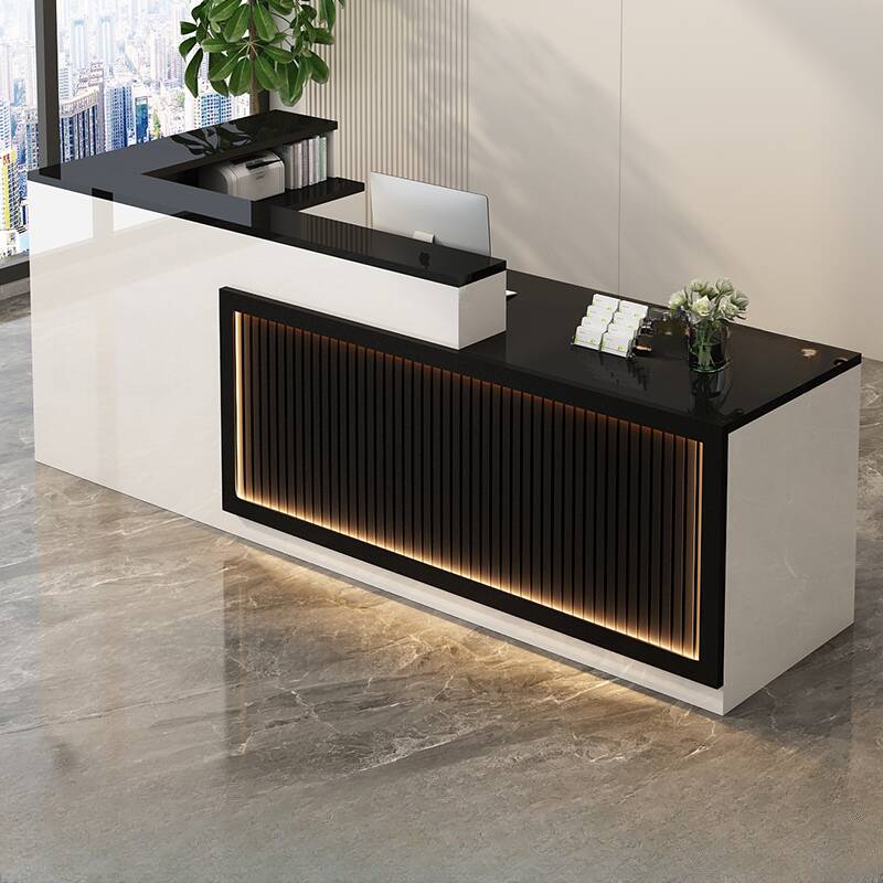 L-Shape Reception Desk with Hutch & Keyboard Tray & Cable Management & Cabinet, Manufactured Wood Top