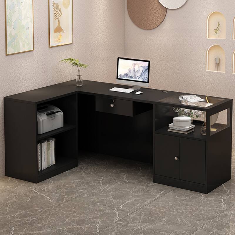 L-Shape Reception Desk with Cupboard, Keyboard Tray, Cable Management, Desk Return & Manufactured Wood Top