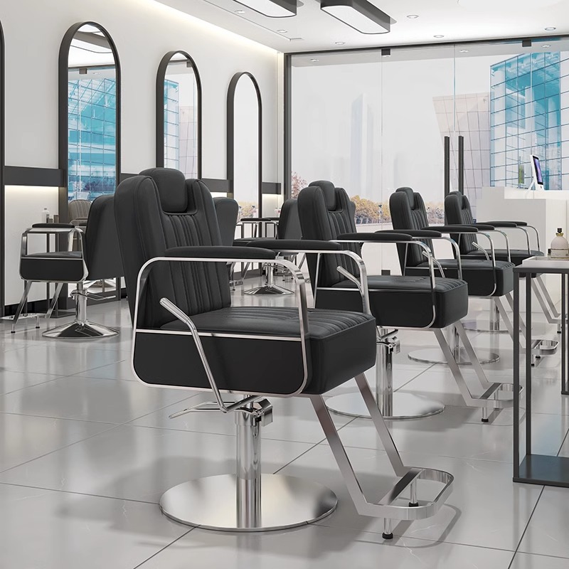 Flexible Stainless Steel Midnight Black Rainproof Barber Chair with Foot Platform, Flexible Height, Manual Recline