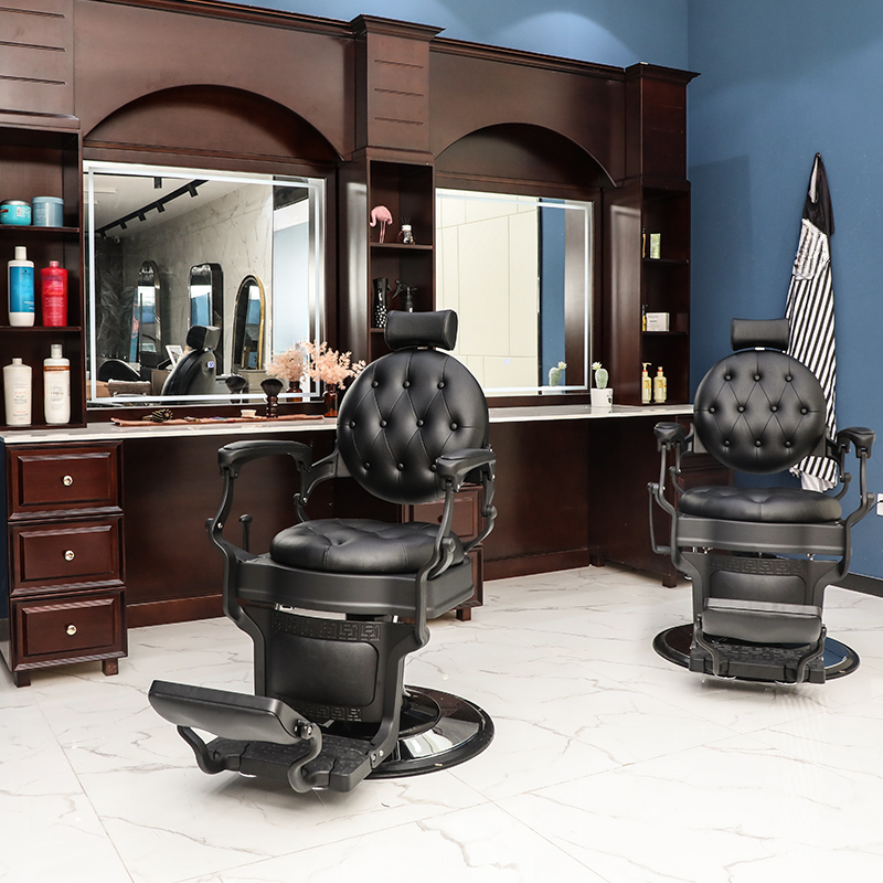 Circular Solid Colour Barber Chair with Arm, Manual Recline, and Adjustable Foot Perch