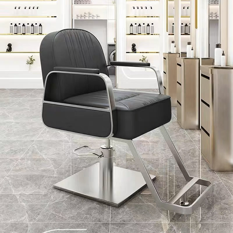 L-Shape Solid Colour Stainless Alloy Barber Chair with Arm, Foot Pedestal & Solid Back