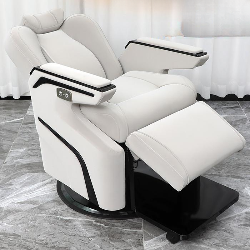 L-Shape Barber Chair with Arm, Gray Cushion, Stainless Alloy Frame & Foot Support, Manual Recline & Flexible