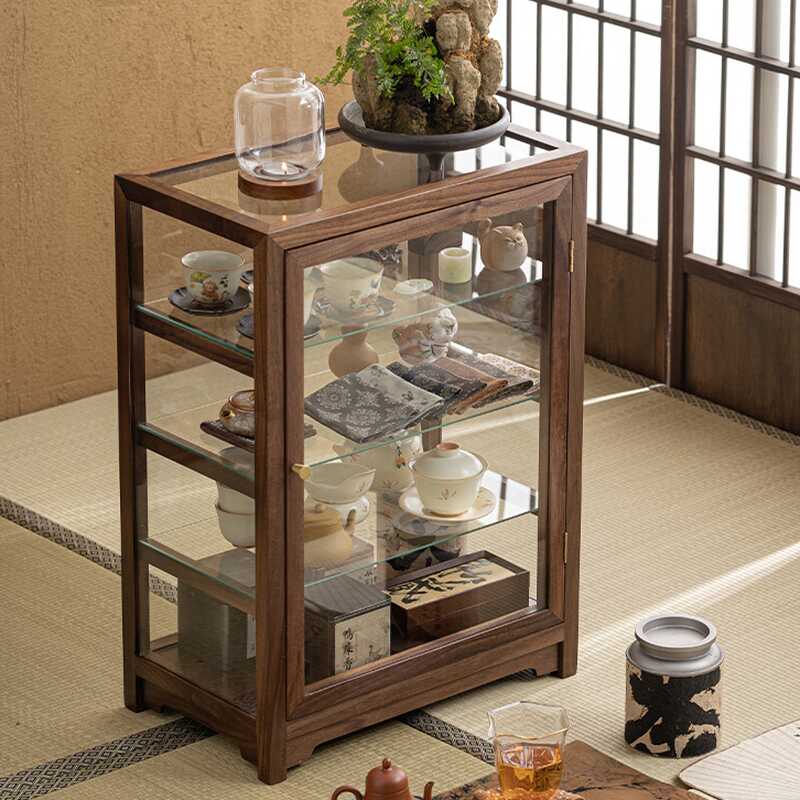 Sepia Natural Wood Standard Accent Cabinet with Repository Storage, 1 Cabinet, Multiple Shelves, and Glass Doors
