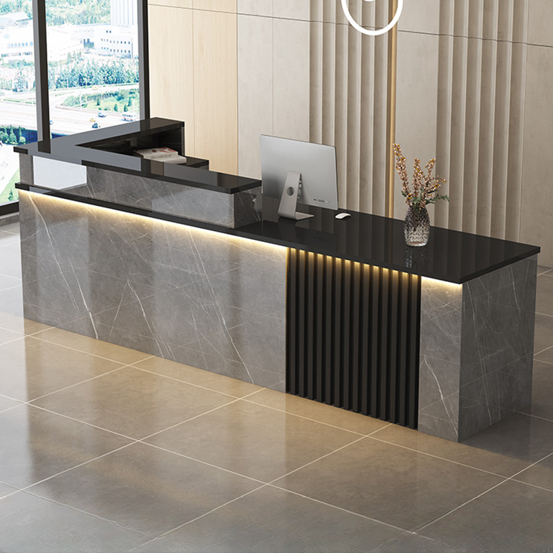 Particle Board Wood Top Reception Desk, L-Shape & Desk Return, Hutch/Hutch/Filing Cabinet, Cable Management & Keyboard Tray