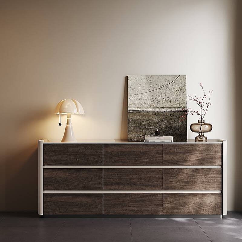 Modish Hardwood Console Dresser with 9 Horizontal Drawers
