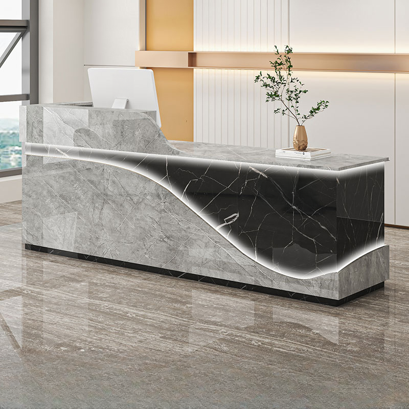 Rectangle Reception Desk with Hutch, Cabinets, Keyboard Tray, Cable Management, and Manufactured Wood Top