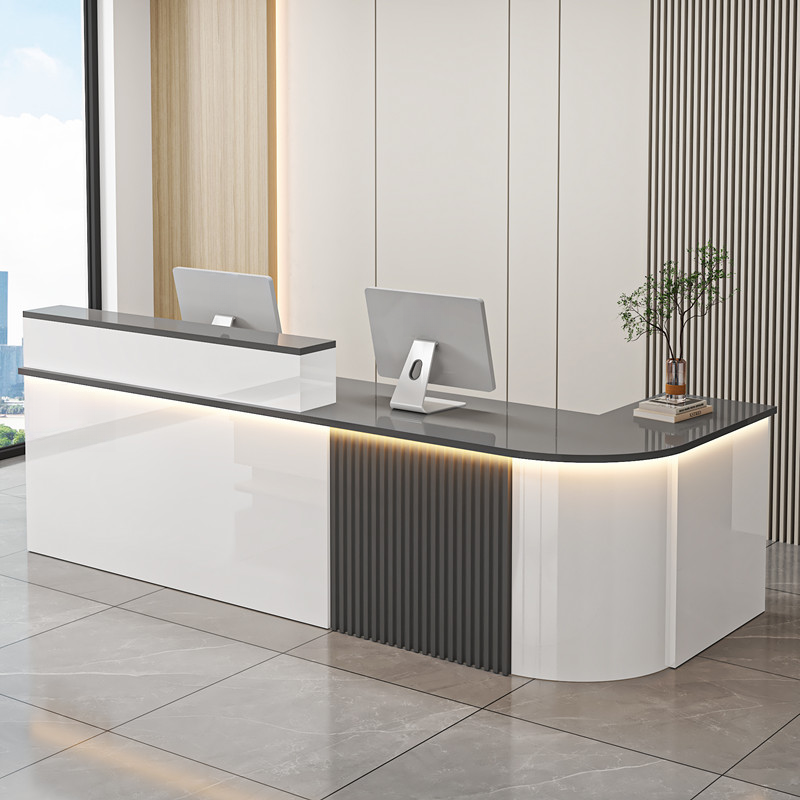 L-Shape Manufactured Wood Top Reception Desk with Hutch, Desk Return, Filing Cabinet & Keyboard Tray