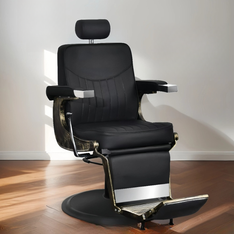 Striped Scratch Resistant Barber Chair with Manual Recline & Tuneable Foot Prop