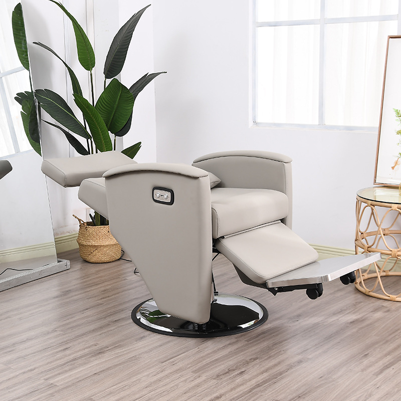 Scratch Resistant Timber Barber Chair with Motorized Recline and Adjustable Foot Pedestal