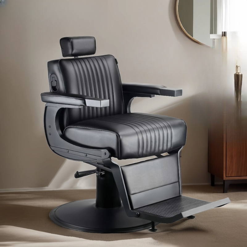 Water-resistant Striped Adjustable Barber Chair with Adaptable Headrest & Foot Perch, Manual Recline