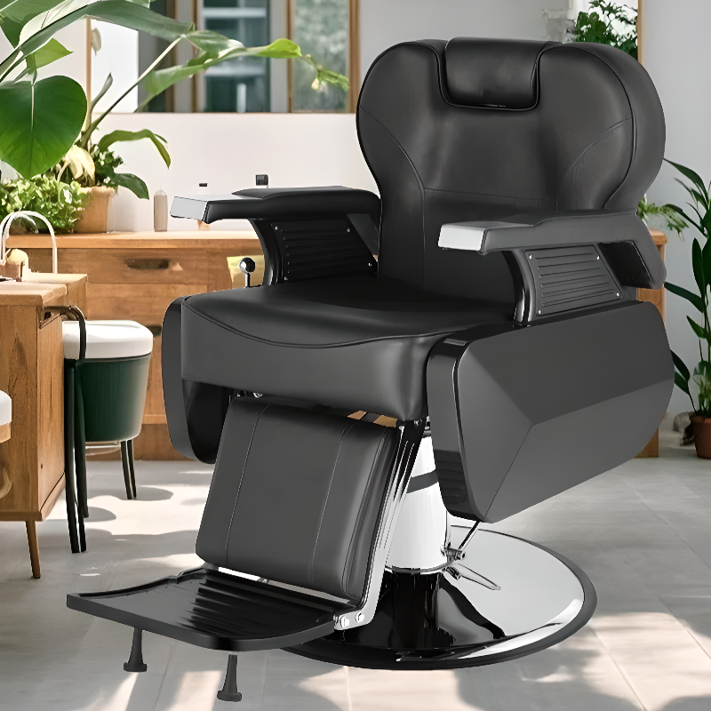 Metal Structure Scratch-repellent Adjustable Manual Recline Barber Chair with Enclosed Back and Foot Perch, Adaptable Headrest Included