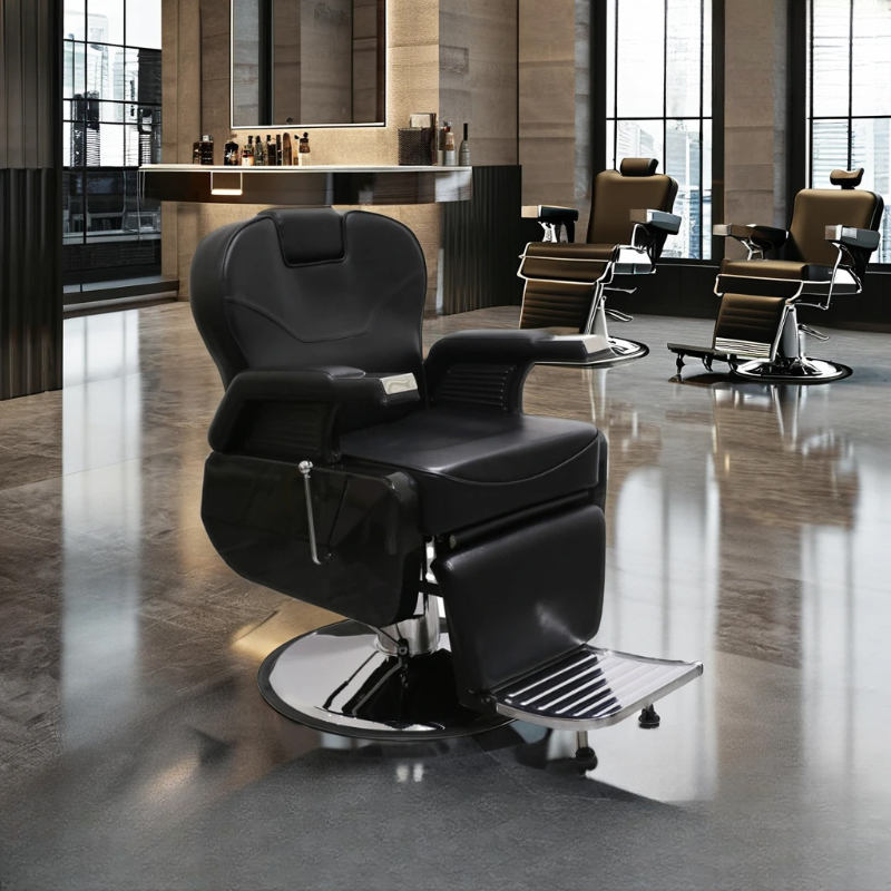 Metal Framed Scratch-proof Variable-sized Manual Recline Barber Chair with Foot Pedestal and Adaptable Headrest
