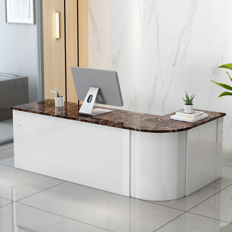 L-Shape Reception Desk with Hutch, Keyboard Tray, Desk Return in Cocoa/Cerulean/Apricot Colour Manufactured Wood Top