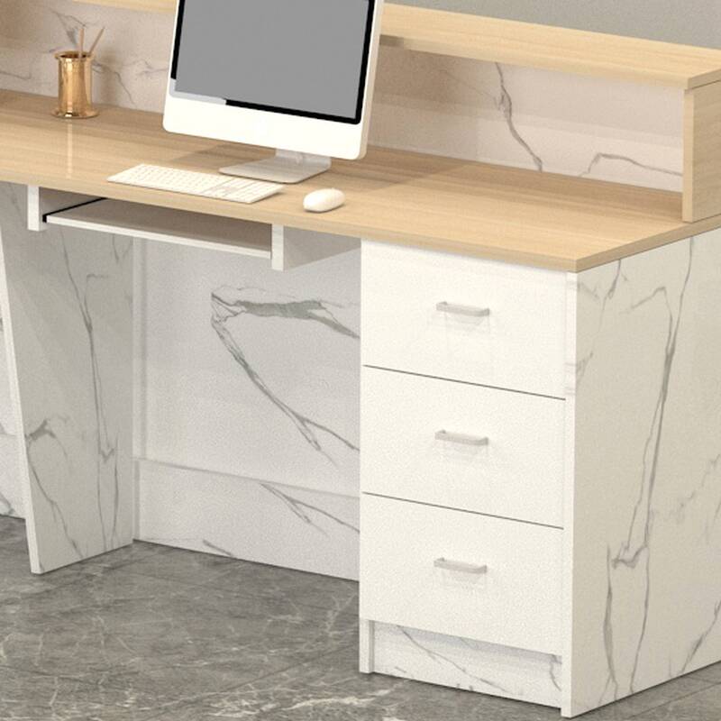 Rectangle Reception Desk with Hutch, Keyboard Tray, and 1 Drawer Pedestal in Manufactured Wood Top