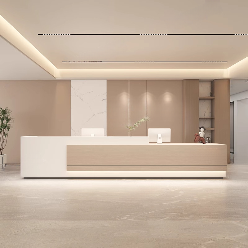 Rectangular Wood Colour Manufactured Wood Top Reception Desk with Hutch & Keyboard Tray