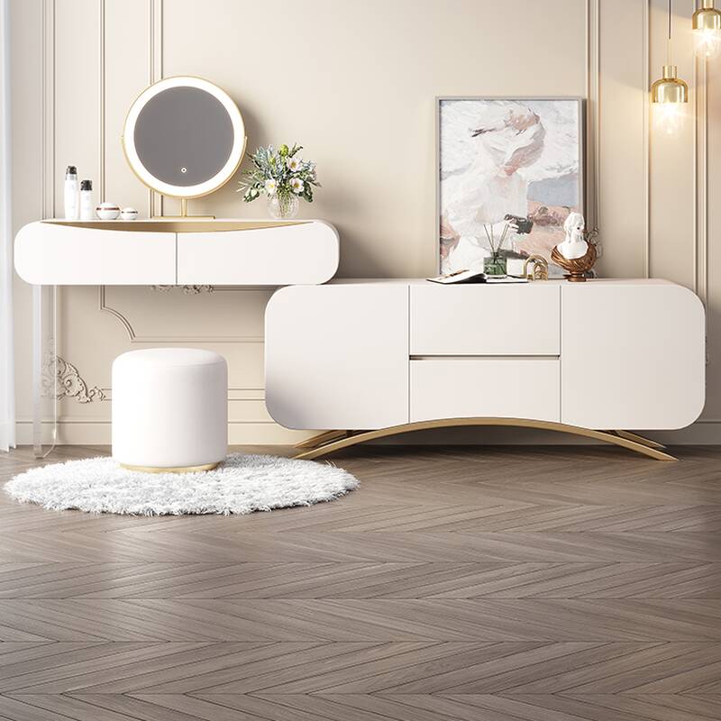 L-Shape Vanity Set with Illumination Light, Sliding Door, 2-in-1 Design, and Adjustable Touch Brightness