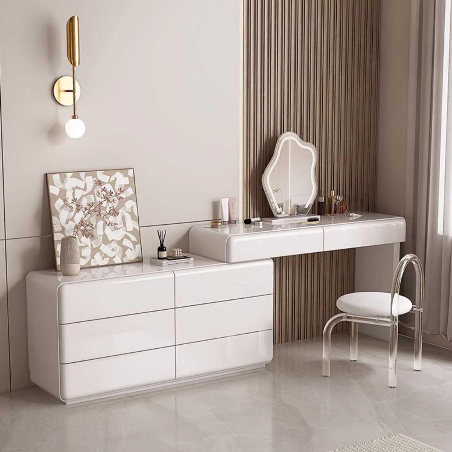 L-Shape Scalable 2-in-1 Makeup Vanity with Sliding Drawers and Tabletop Storage