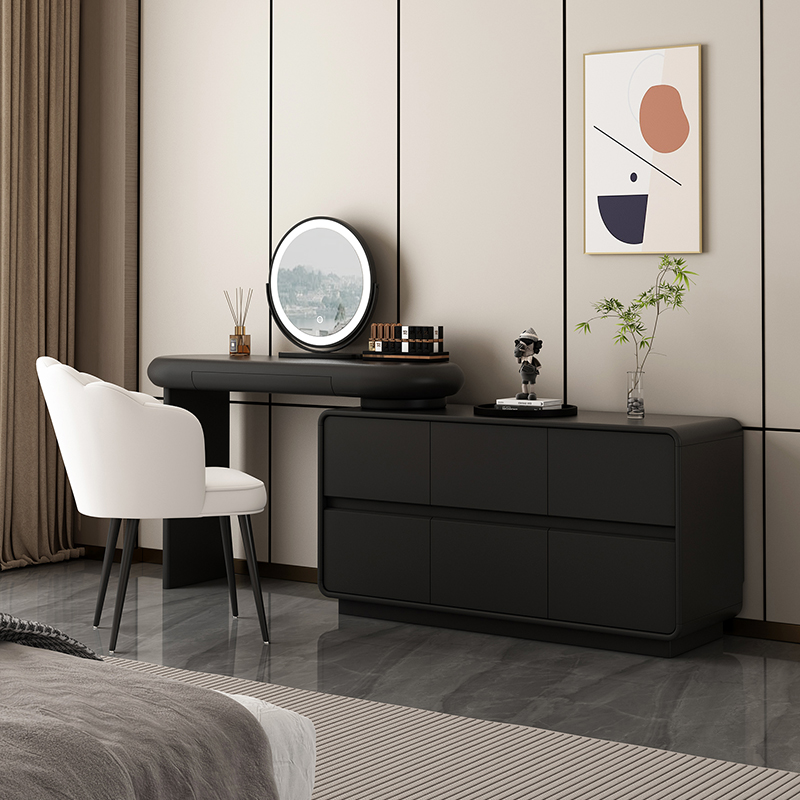 Midnight Black L-Shape Makeup Vanity with 7 Drawers, Scalable, Sliding, 2-in-1, Tabletop Storage