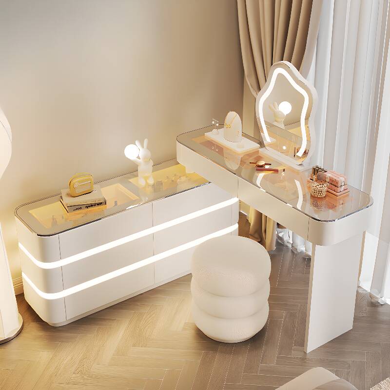 L-Shape Makeup Vanity with Scalable, Sliding 2-in-1 Design and Tabletop Storage