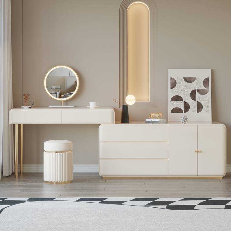 Gold Art Deco L-Shape Vanity with Door, Scalable, Sliding, 2-in-1, Tabletop Storage