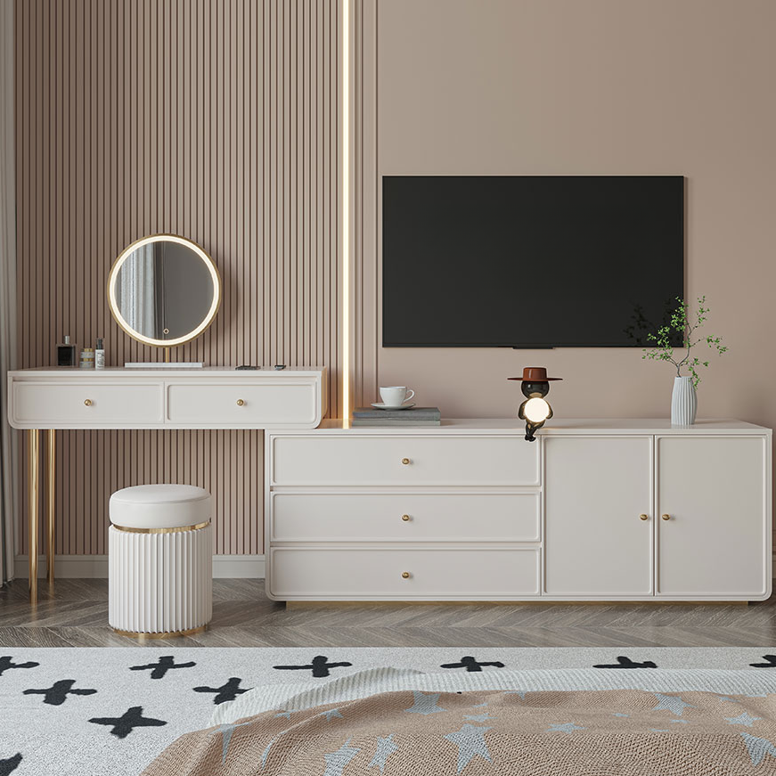 2-in-1 Art Deco L-Shape Gold Scalable Sliding Makeup Vanity & Dresser with Door & Tabletop Storage