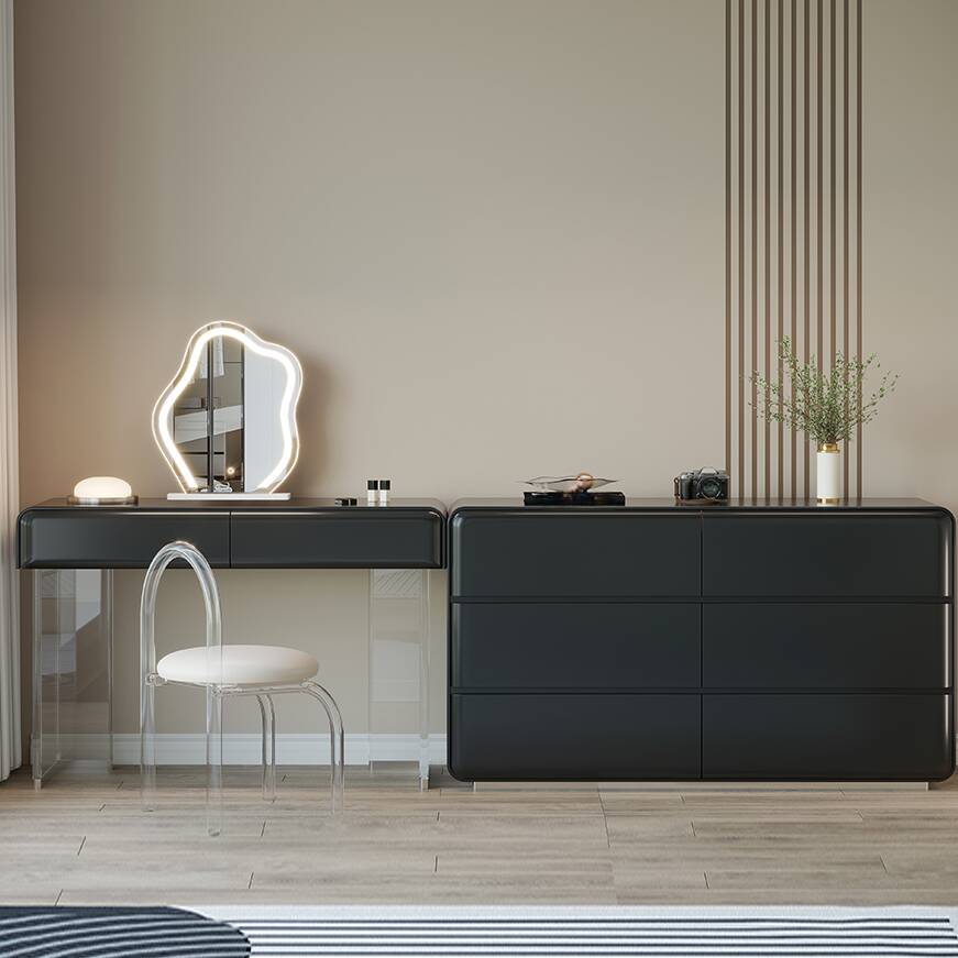 Midnight Black L-Shape Scalable Sliding 2-in-1 Makeup Vanity with Tabletop Storage