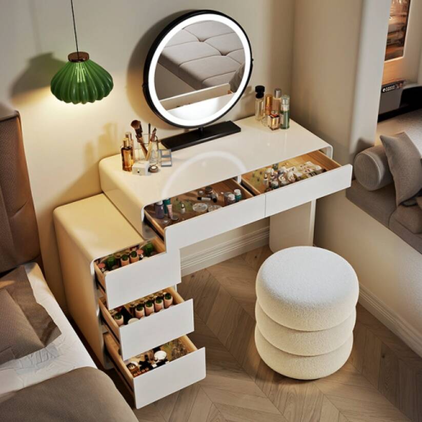 Engineered Wood L-Shape Scalable Sliding 2-in-1 Makeup Vanity with Tabletop Storage