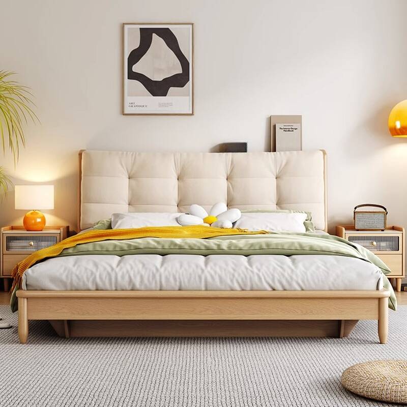 Natural Finish Art Deco Platform Storage Bed/Panel Bed