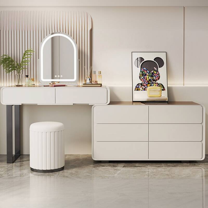 White Minimalist Lumber Large Standard Makeup Vanity with Non-Upholstered Chair(s) and 8/5 Drawers 2-in-1