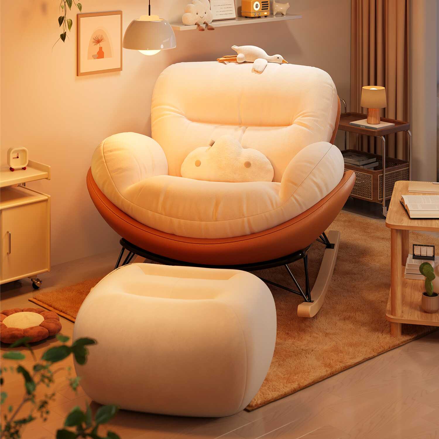 Grey/Auburn/Tangerine Colour Simple Upholstered Padded Rocking Chair with Ottoman, 2 Piece Set