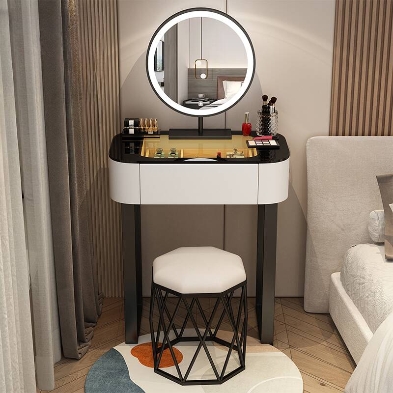 Circular Vanity Set for Sleeping Room with LED Lighting, Push-Pull, and Adjustable Touch Brightness