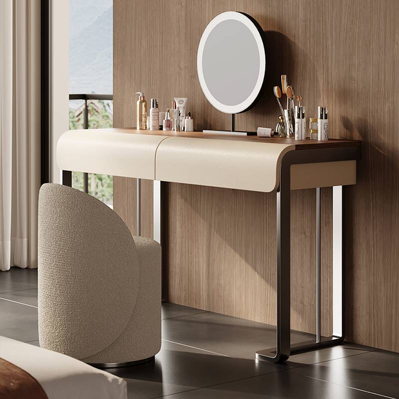 Off-White Simplistic Makeup Vanity for Sleeping Quarters with Standard Length, Wood Table Top, 2 Drawers, and Push-Pull