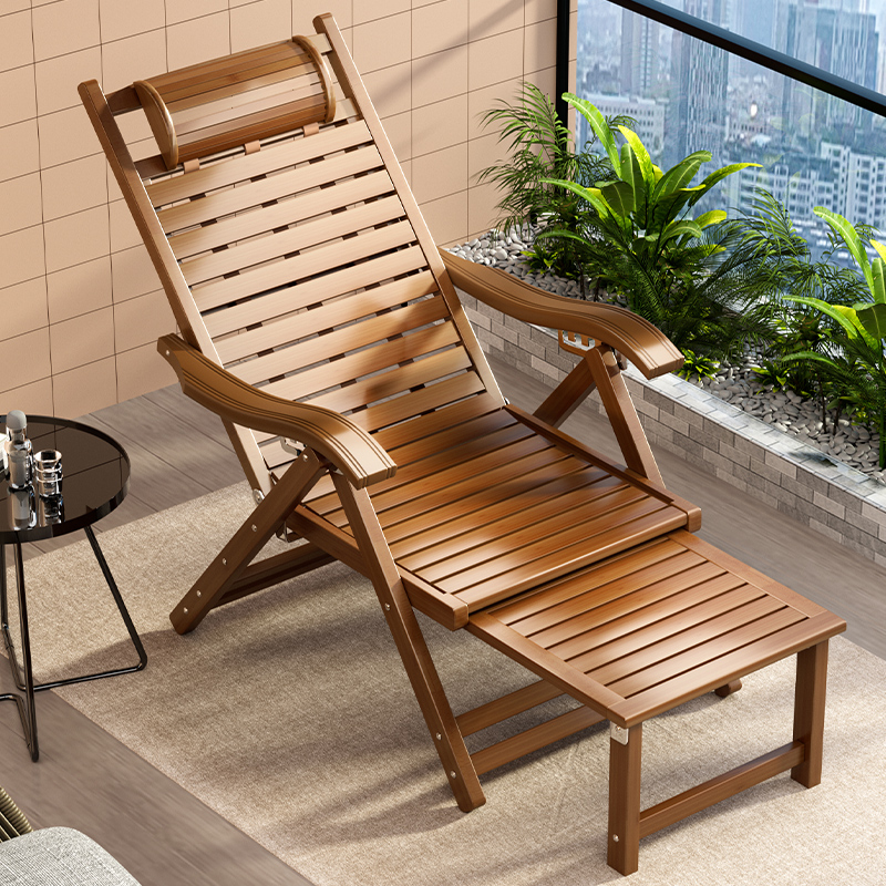Trendy Solid Colour Sepia/Natural Wood Non Rocking Reclining Deck Chair with Locking Back Angle and Independent Foot Movement
