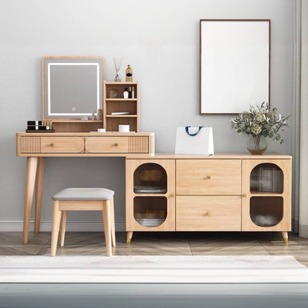 Unfinished Colour Engineered Wood L-Shape Vanity with Lighting System, Door, Scalable, Adjustable Touch and Brightness