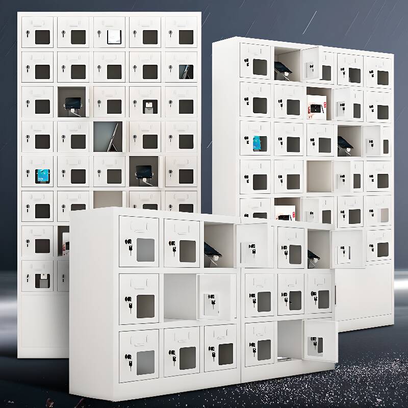 Off-White Alloy Cell Phone Lockers Partial Assembly 5-Wide or more/4-Wide with Clear Doors/Solid & 10 or More Compartments & Key