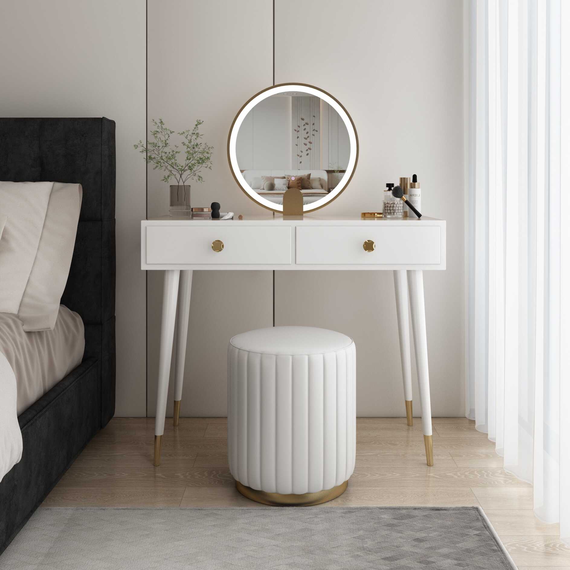 Engineered Wood Ground Makeup Vanity with LED Lighting, Push-Pull, and Adjustable Touch Brightness for Sleeping Room